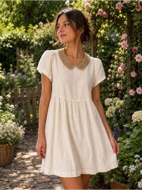 Sandro Cream Short-Sleeve Dress with Gold Beaded Collar